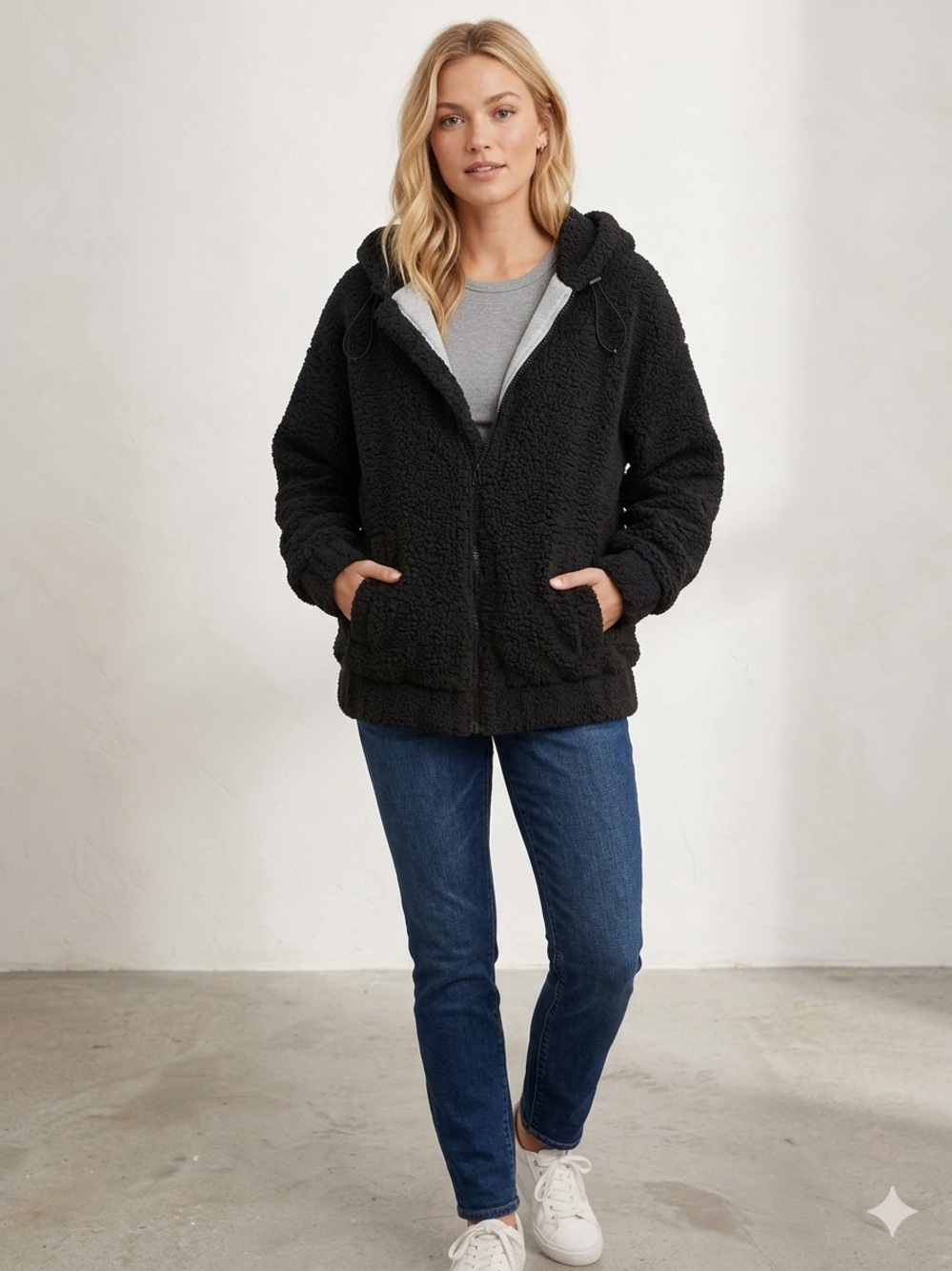 aerie Black Hooded Teddy Sherpa Jacket